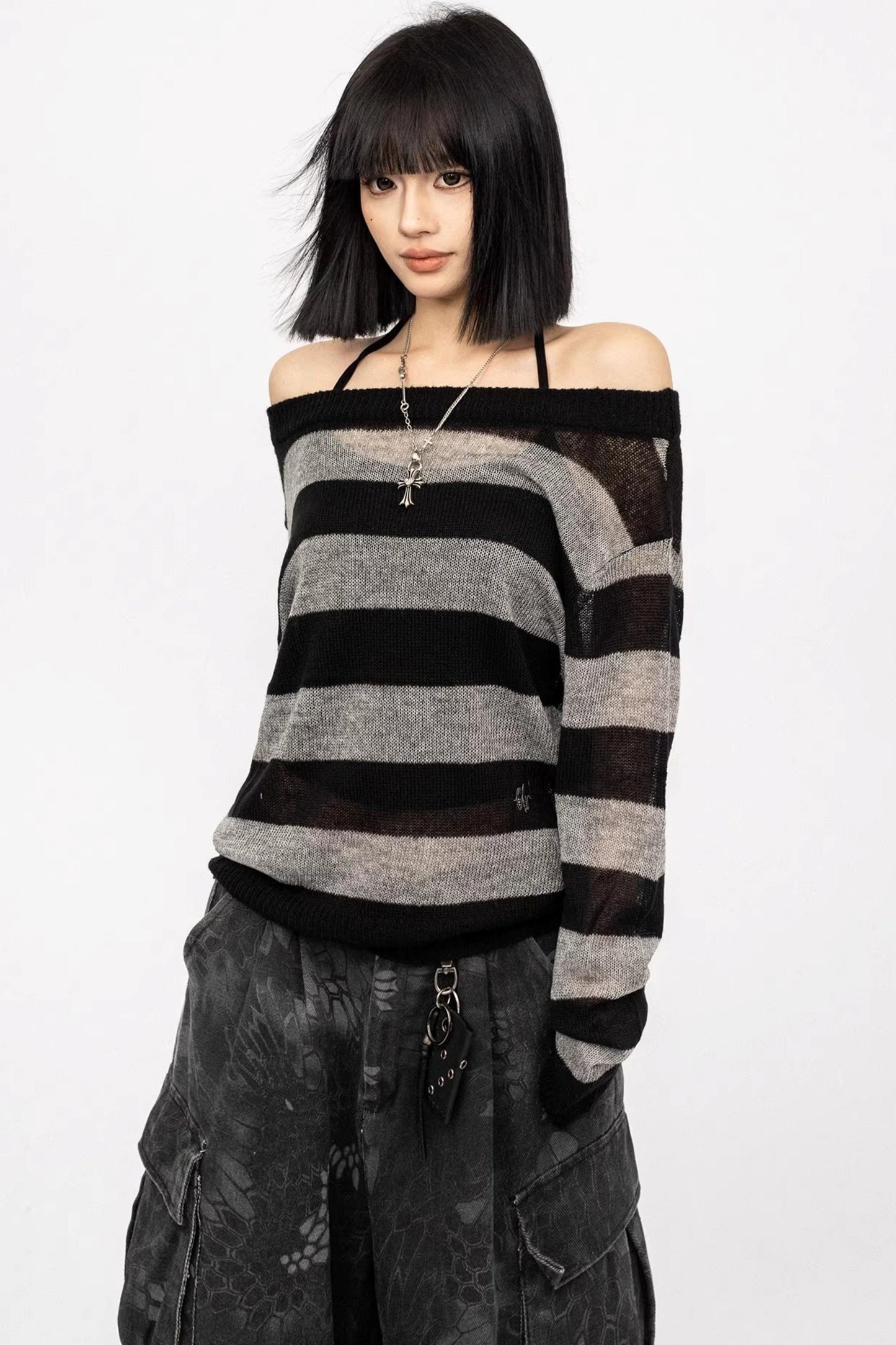 Retro Striped Off-Shoulder T-Shirt