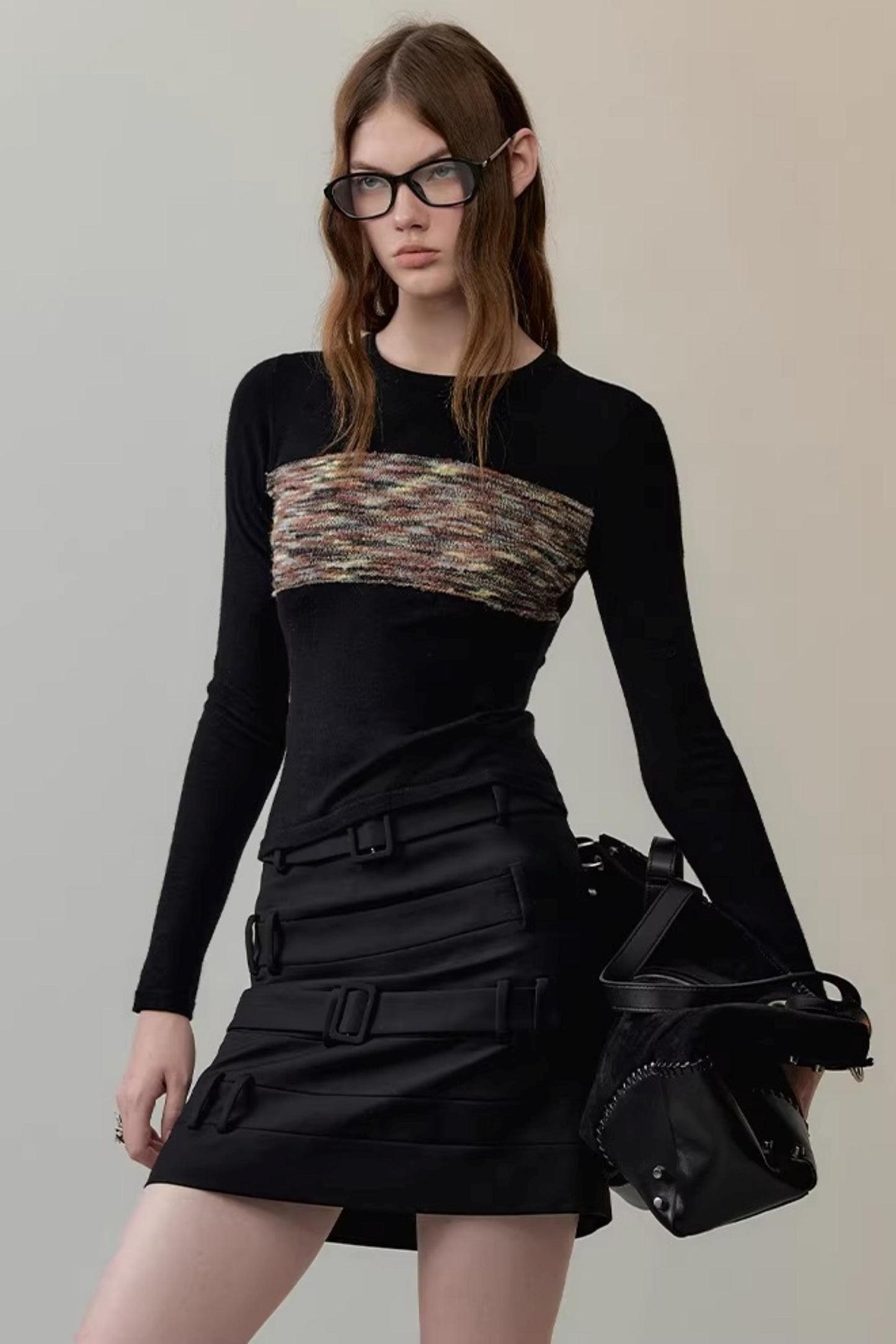 Faux Belt Patchwork Skirt