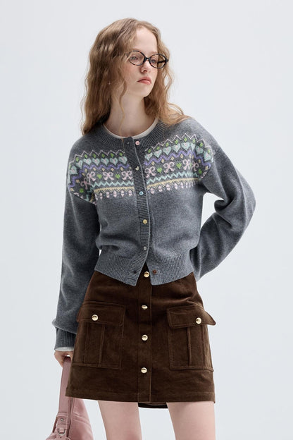 Vintage Jacquard Grey Knit Cardigan