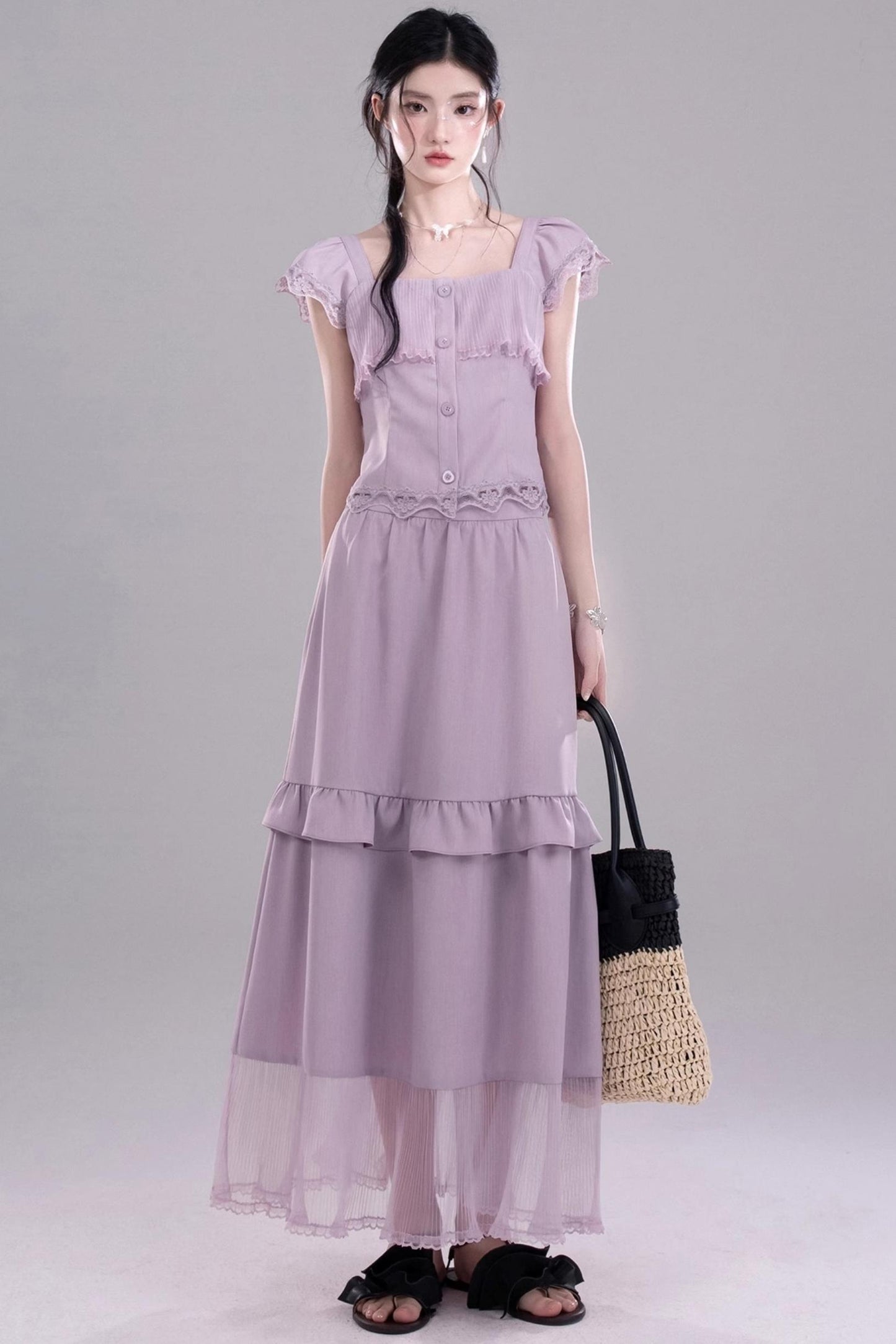 Purple Lace A-Line Skirt Top Set