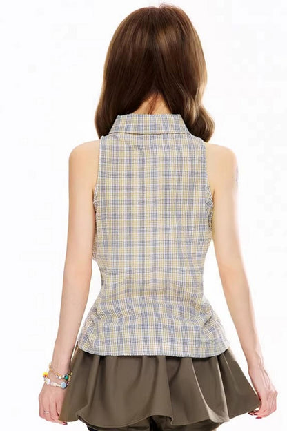 Retro Plaid Sleeveless Blouse