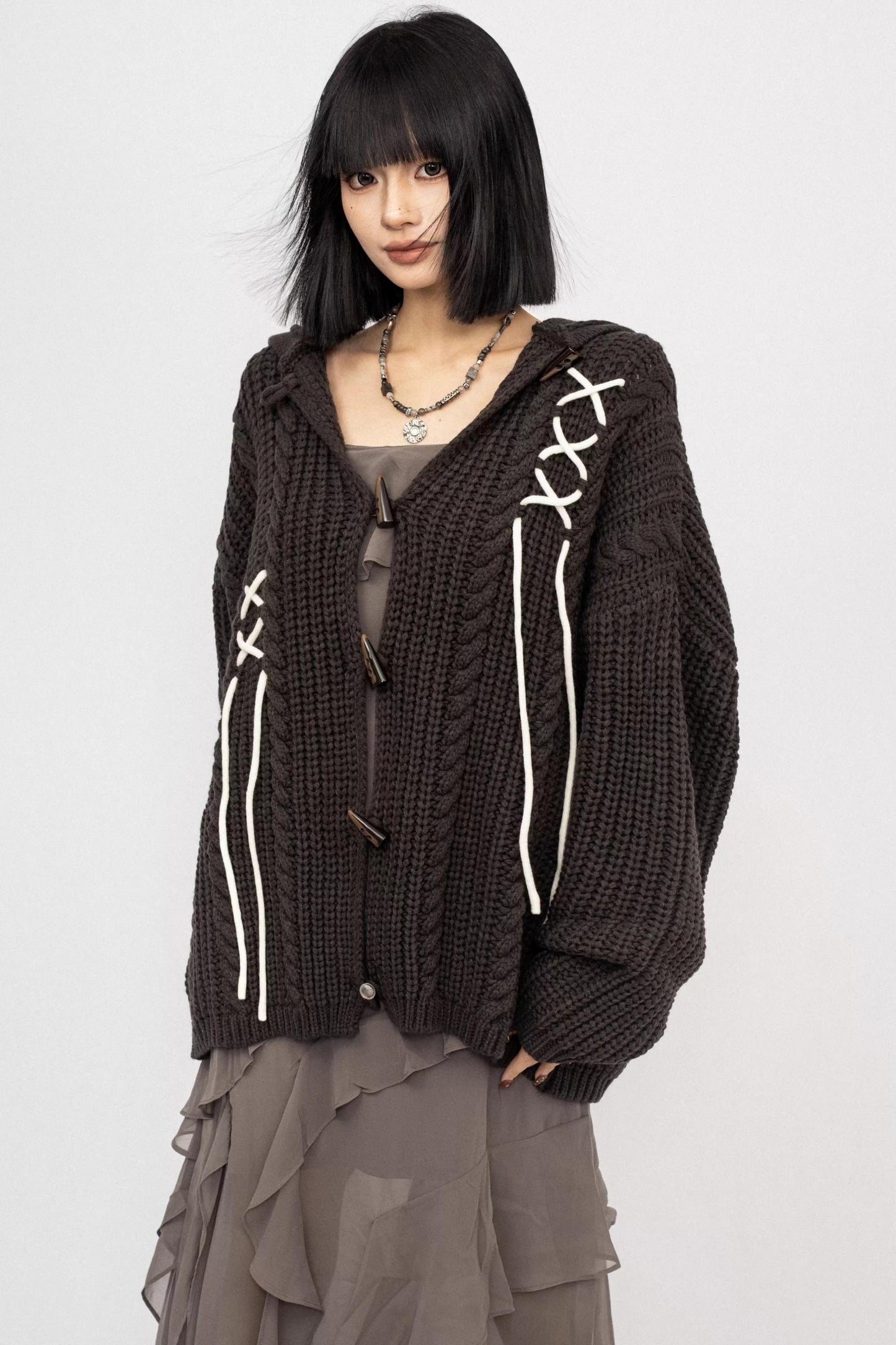 American Retro Knitted Hooded Cardigan