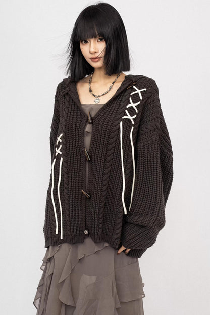 American Retro Knitted Hooded Cardigan