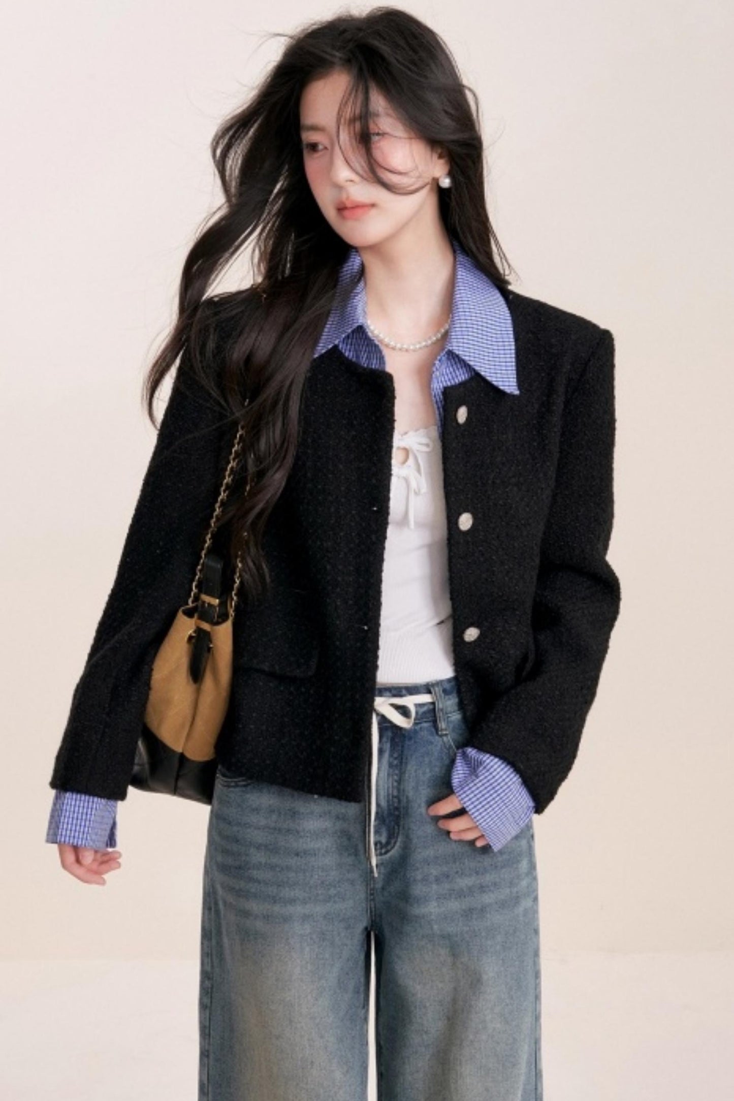 Tweed Plaid Panel Fake Two Jacket