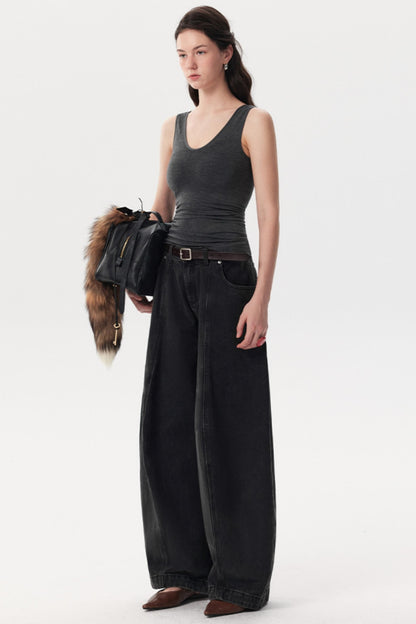 Black Pinch Wide-Leg Jeans Pants