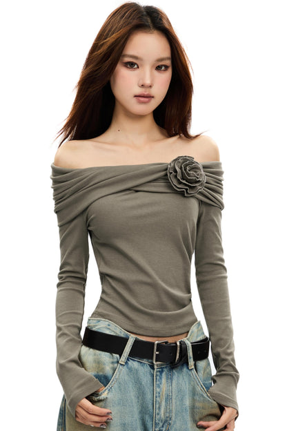 French Straight Shoulder Floral Knit Top