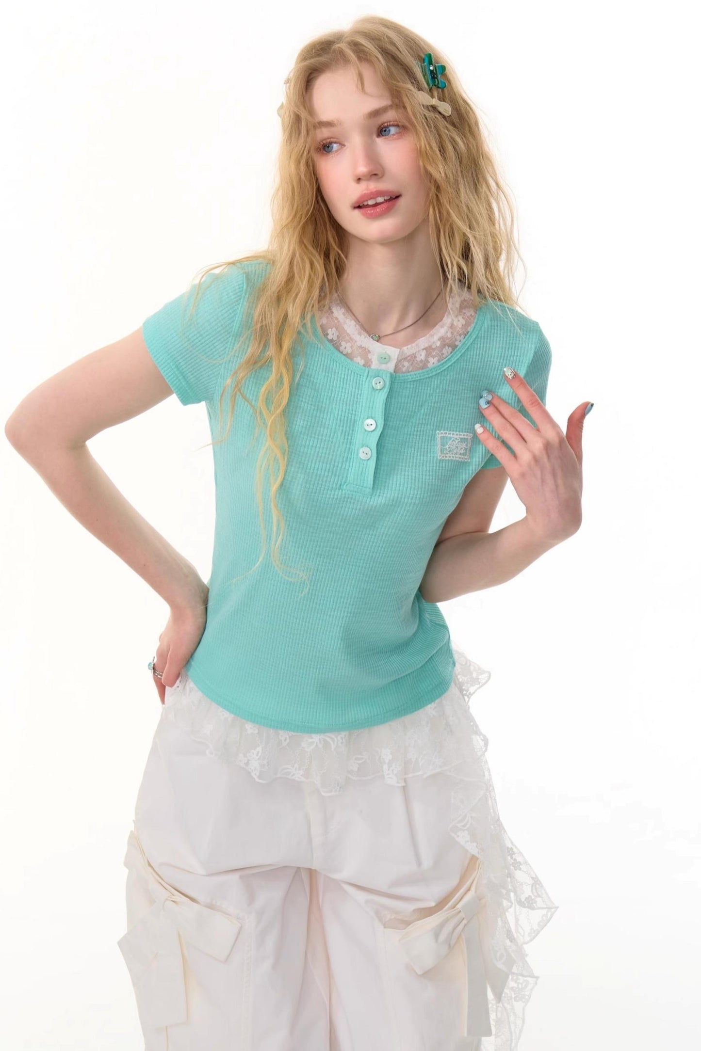 Lace Patchwork Fitted Two-Layer T-Shirt
