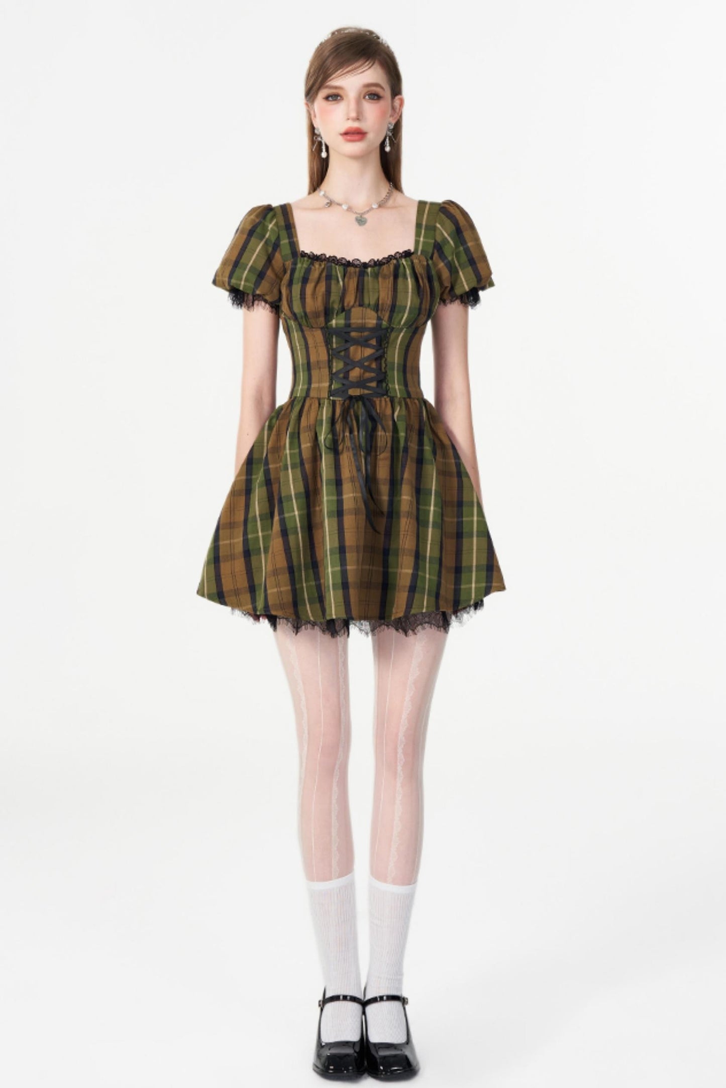 Greenfield Checkered Puff Sleeve Dress