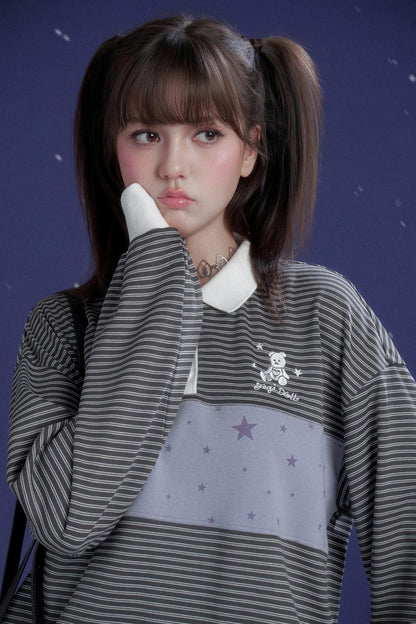 Gray and Purple Striped Polo Top