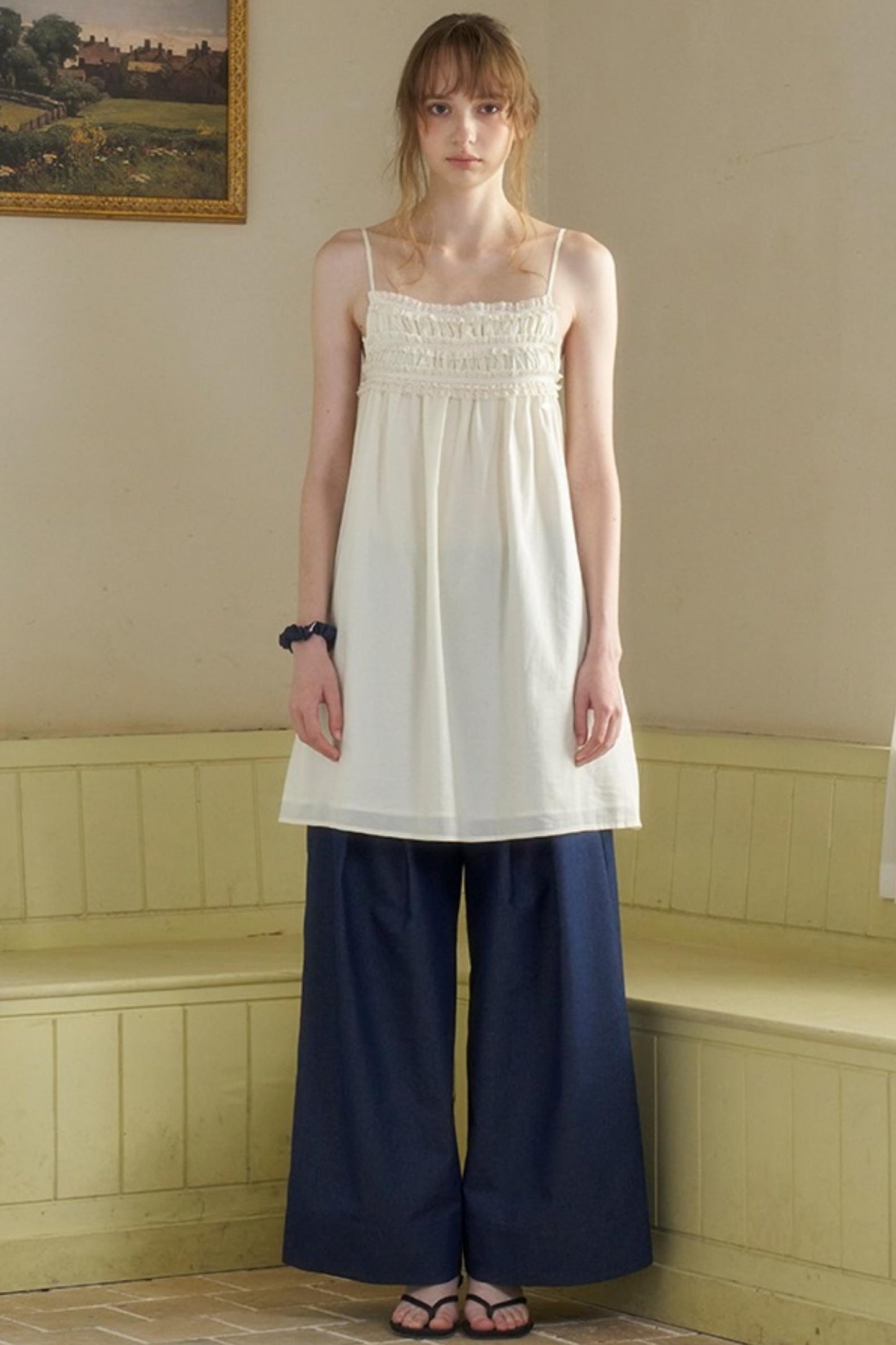 Cow Blue Pleated Denim Wide-Leg Pants Set-Up