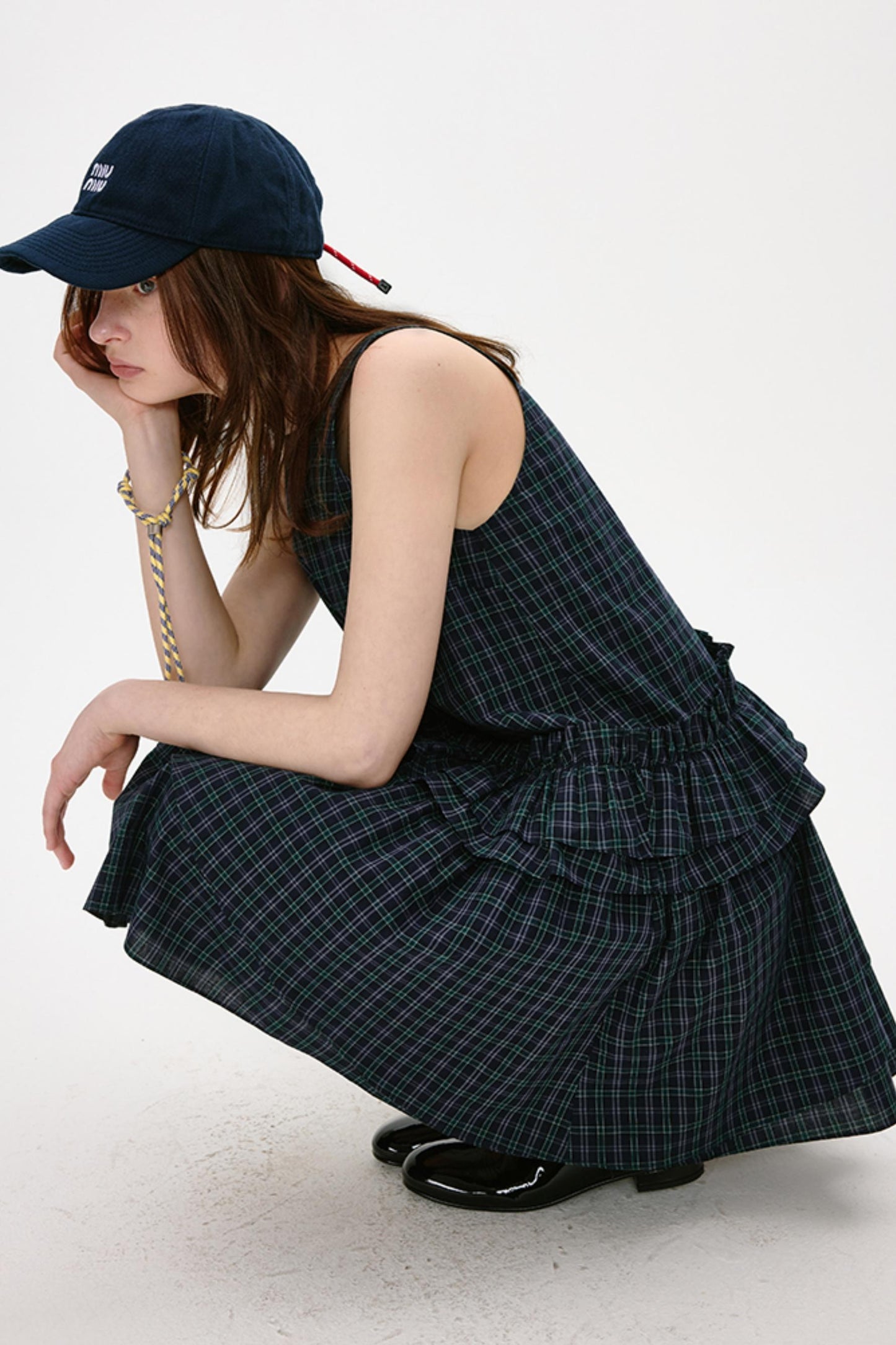 Irregular Plaid Ruffled Vest Dress