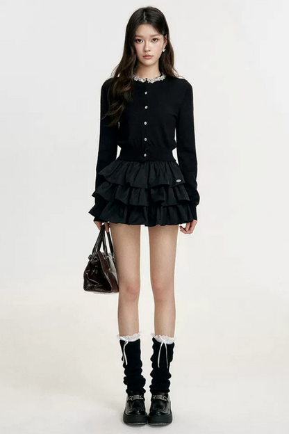 Diamond Knit Cardigan Suede Skirt Set-Up