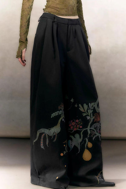 Hand-Painted Floral Wide-Leg Pants