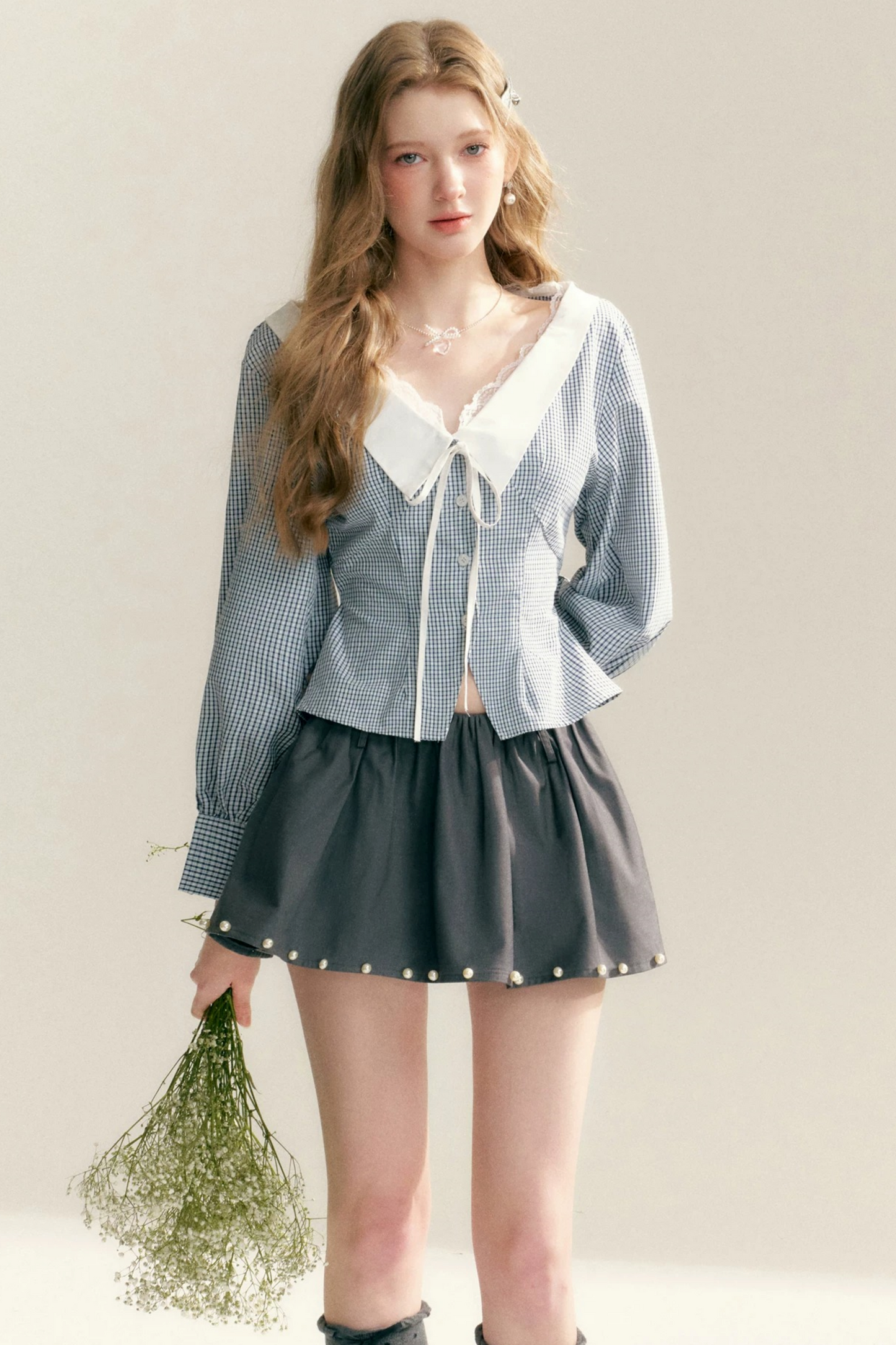 Lace Trim Plaid Blouse