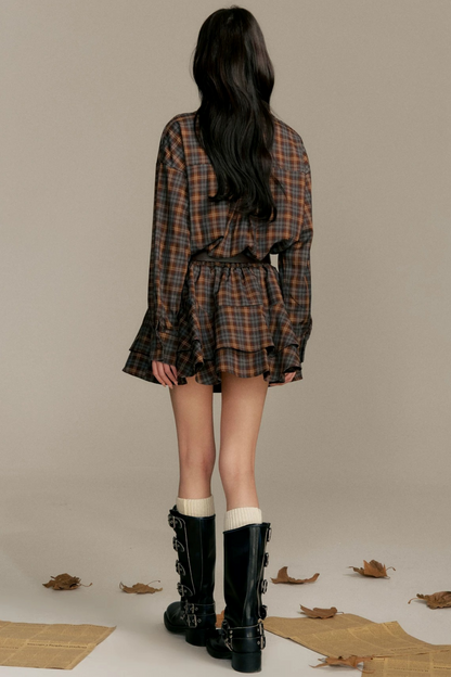Shawl Paired Plaid Dress With Belt Set-Up