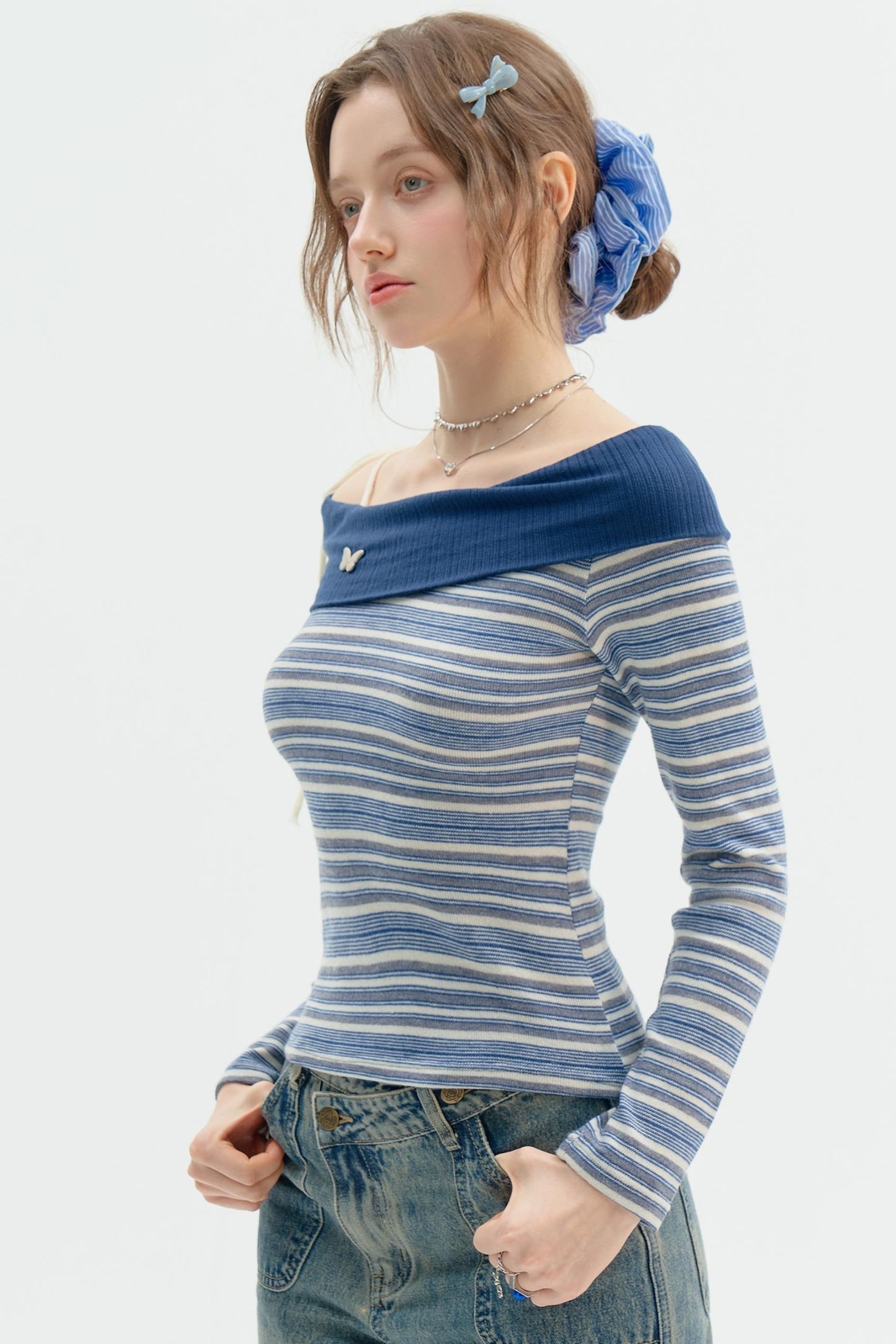 Dark Blue Stripe One-Shoulder Shirt