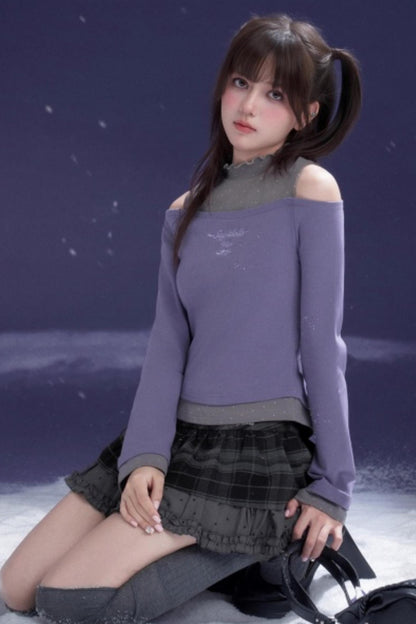 Gray-Purple Bowknot Off-Shoulder Top