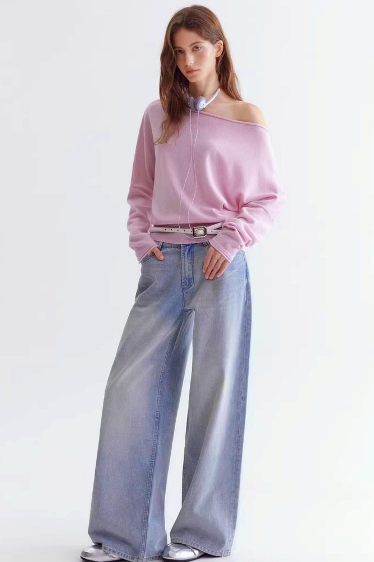 Rolled Edge Off-Shoulder Wool Sweater