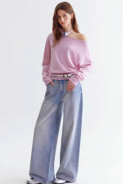 Rolled Edge Off-Shoulder Wool Sweater