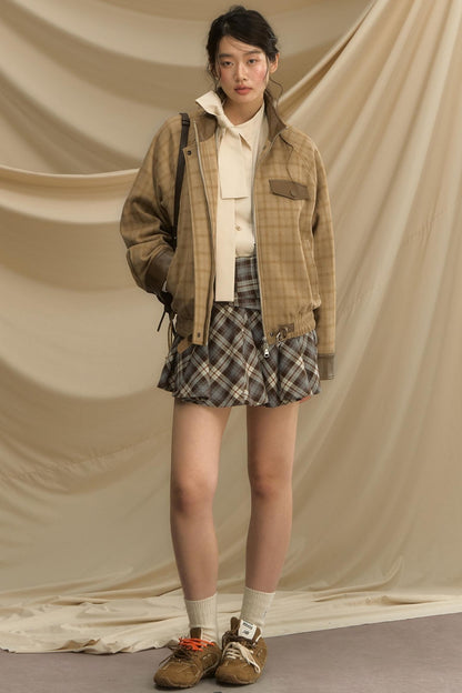 Stand Collar Plaid Woolen Jacket
