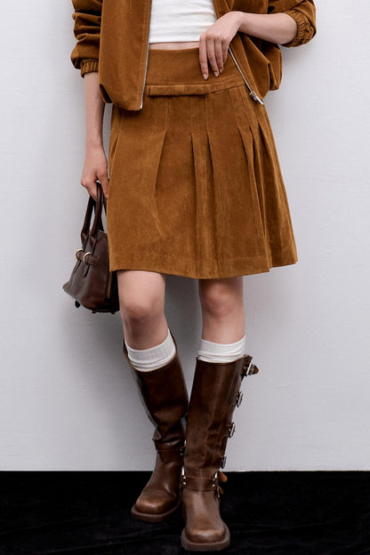 Suede Irregular Pleated Skirt