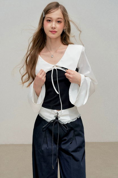 Navy Bow Patchwork Blouse