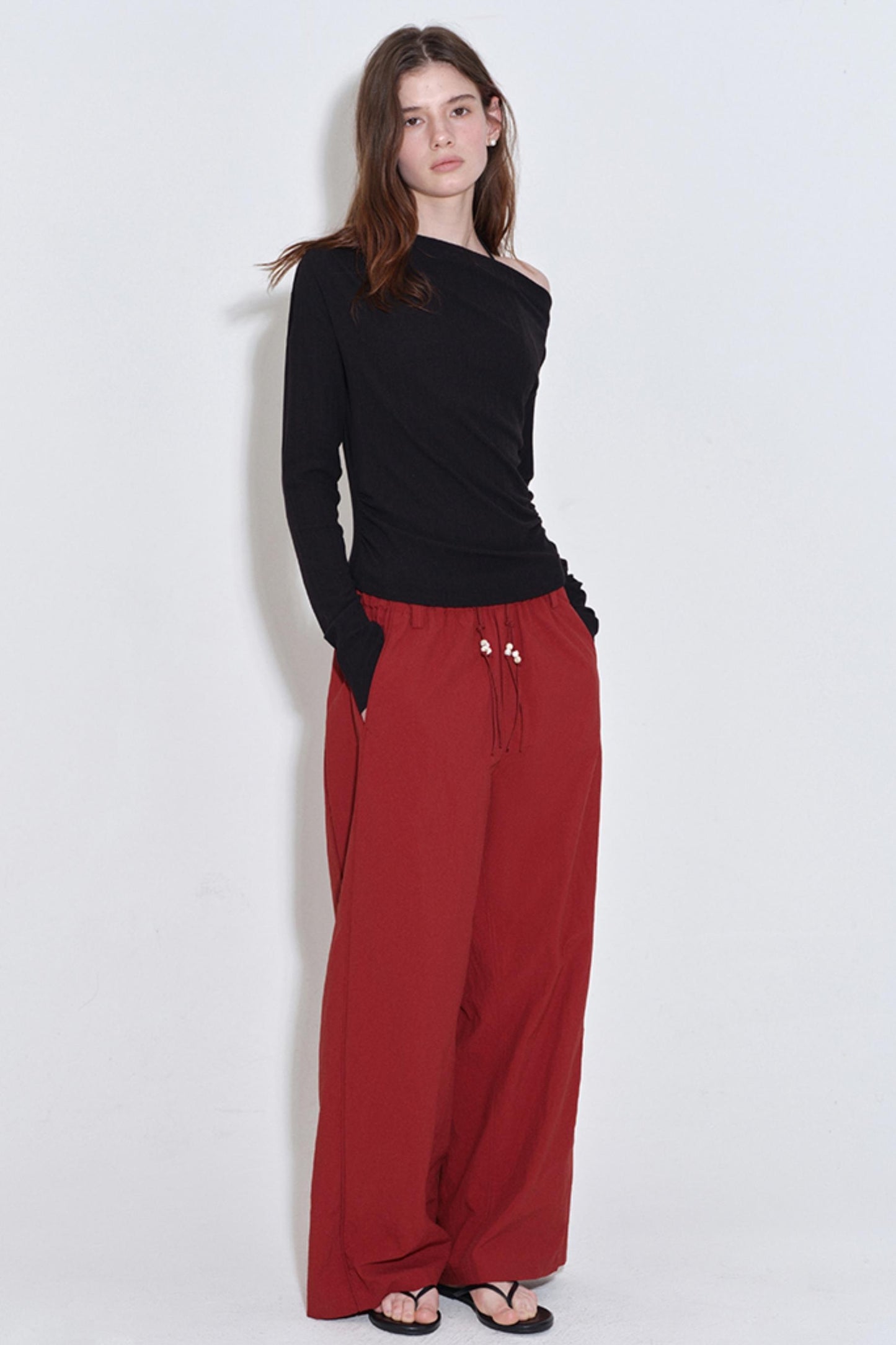 Retro Red Drawstring Bead Sporty Straight Pants