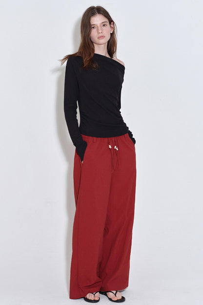 Retro Red Drawstring Bead Sporty Straight Pants