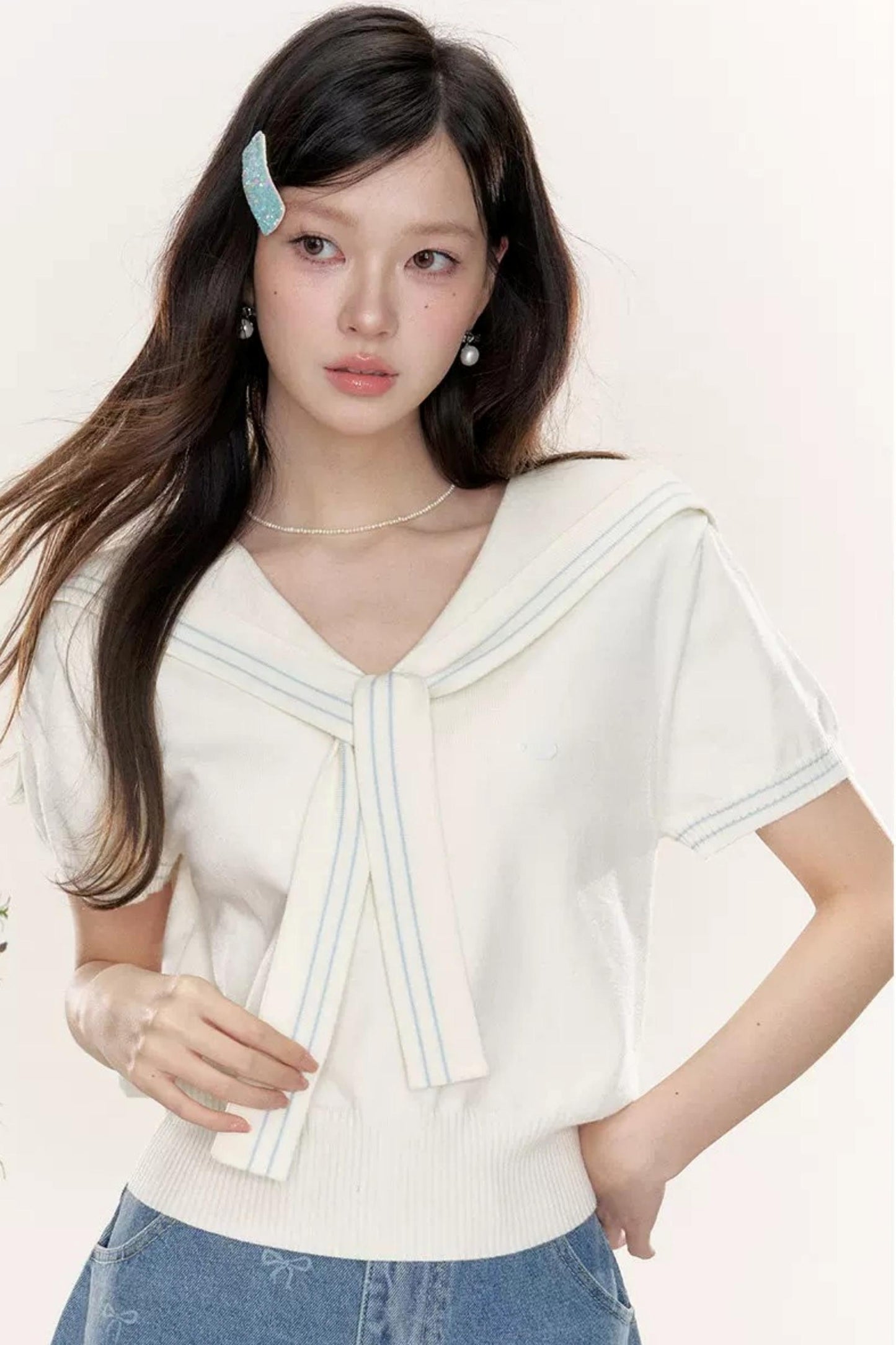 Sweet Sailor Collar Knit Top Set-Up