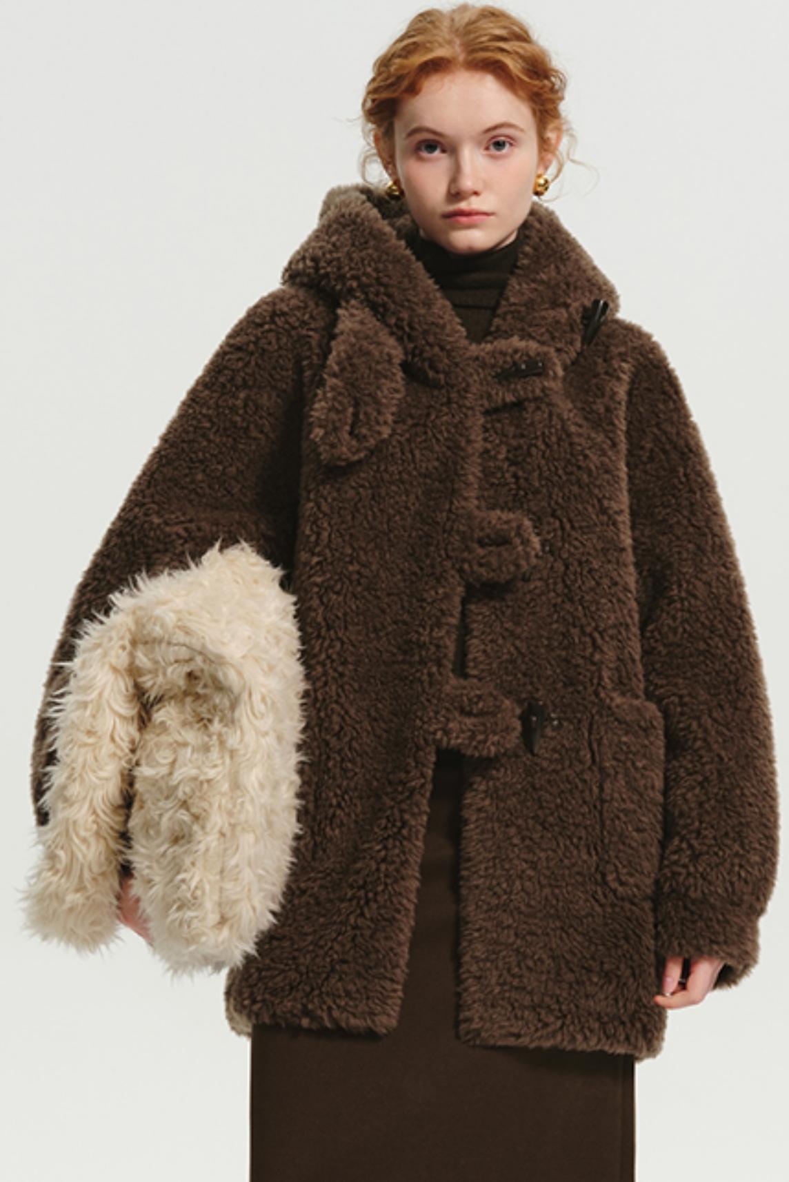 Hooded Horn-Button Full Wool Fur Jacket