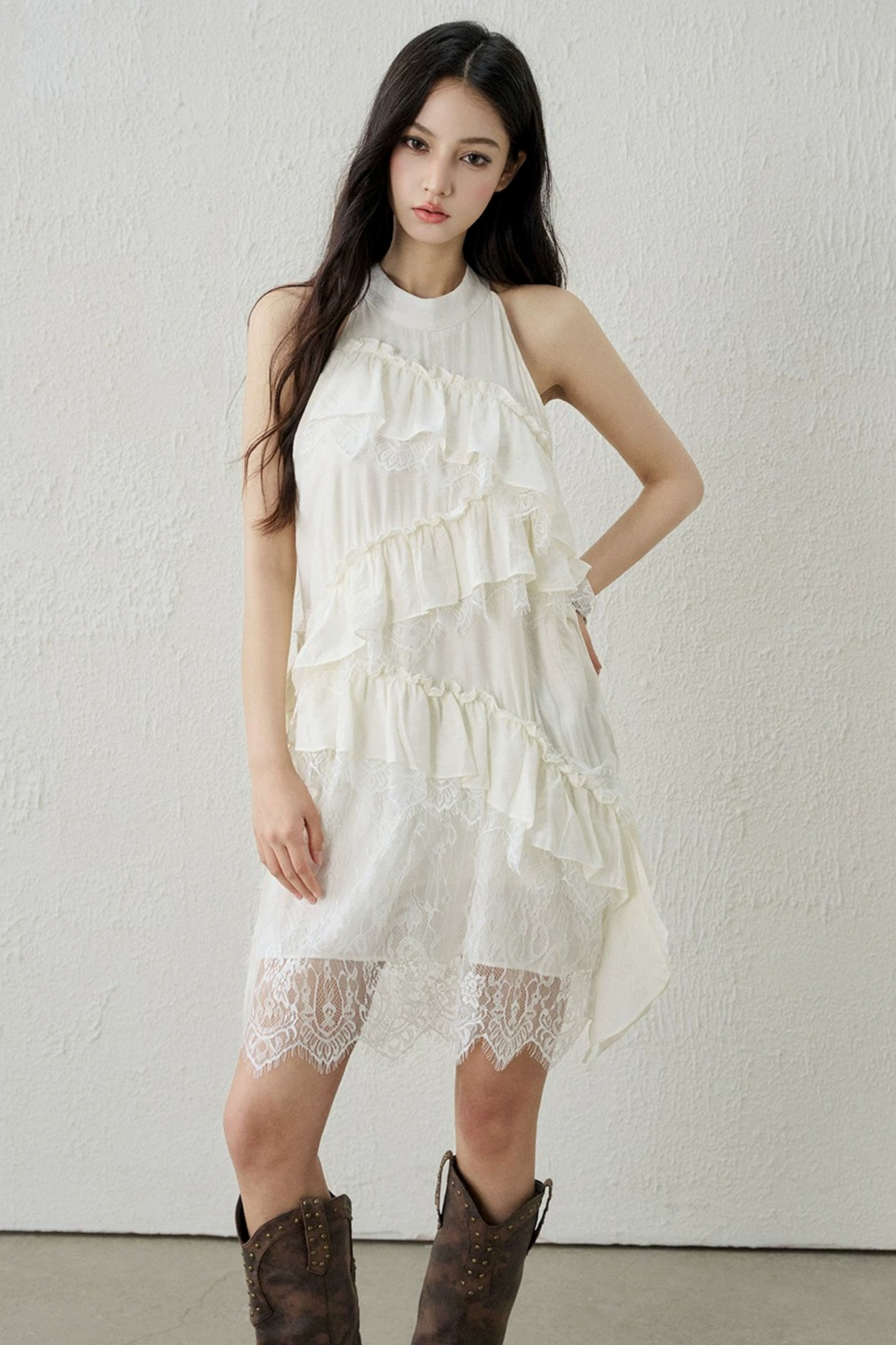 Apricot Lace Ruffle Dress