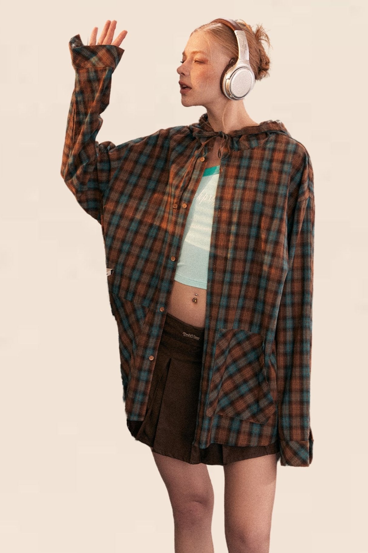 Plaid Contrast Hooded Long Sleeve Shirt