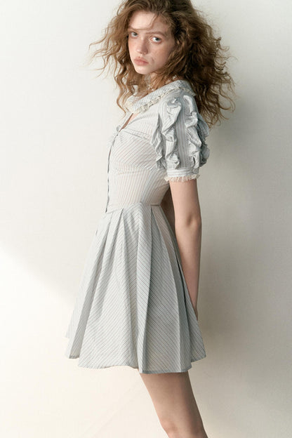 Blue Striped Bubble Sleeve Floral Pleated Dress