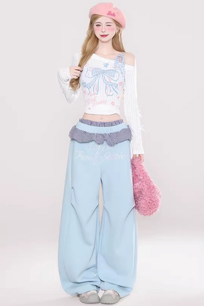 패치워크 자수 오프숄더 상의 셋업