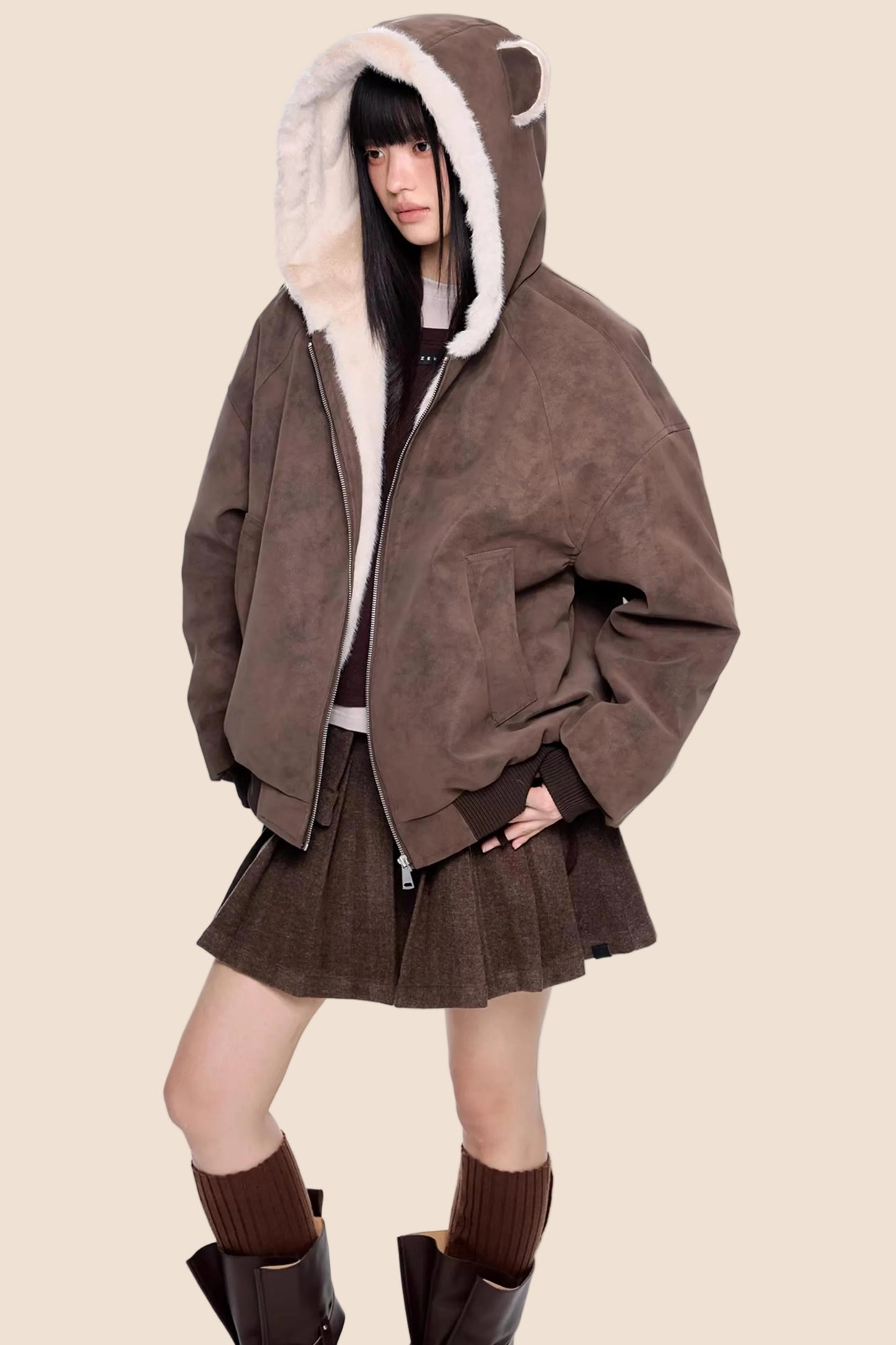 Faux Suede Hooded Fur Coat