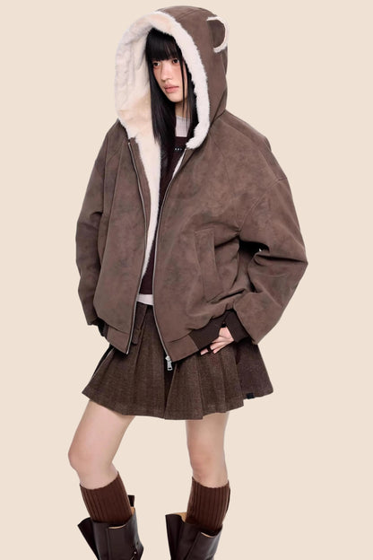 Faux Suede Hooded Fur Coat