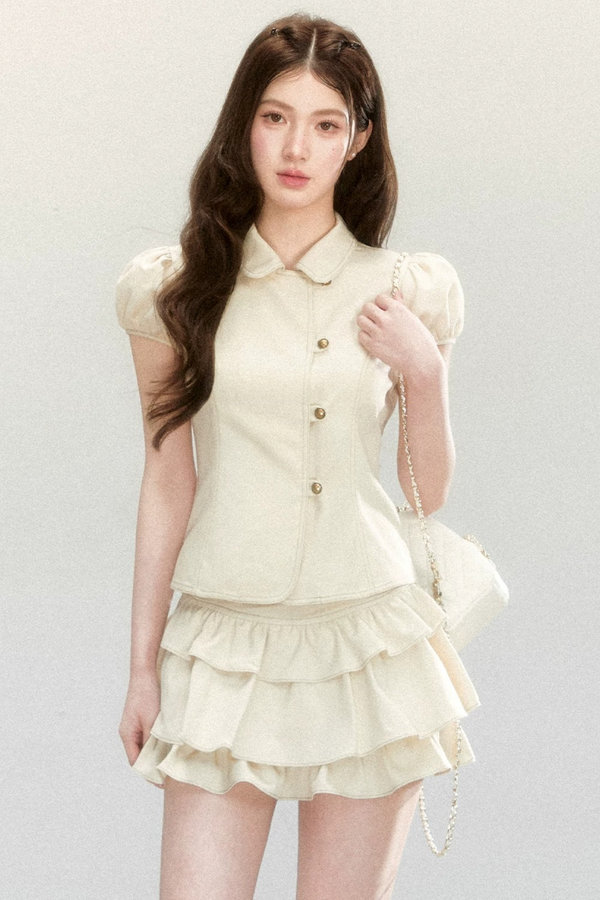 Retro Collar Blouse & Cake Skirt Set-Up