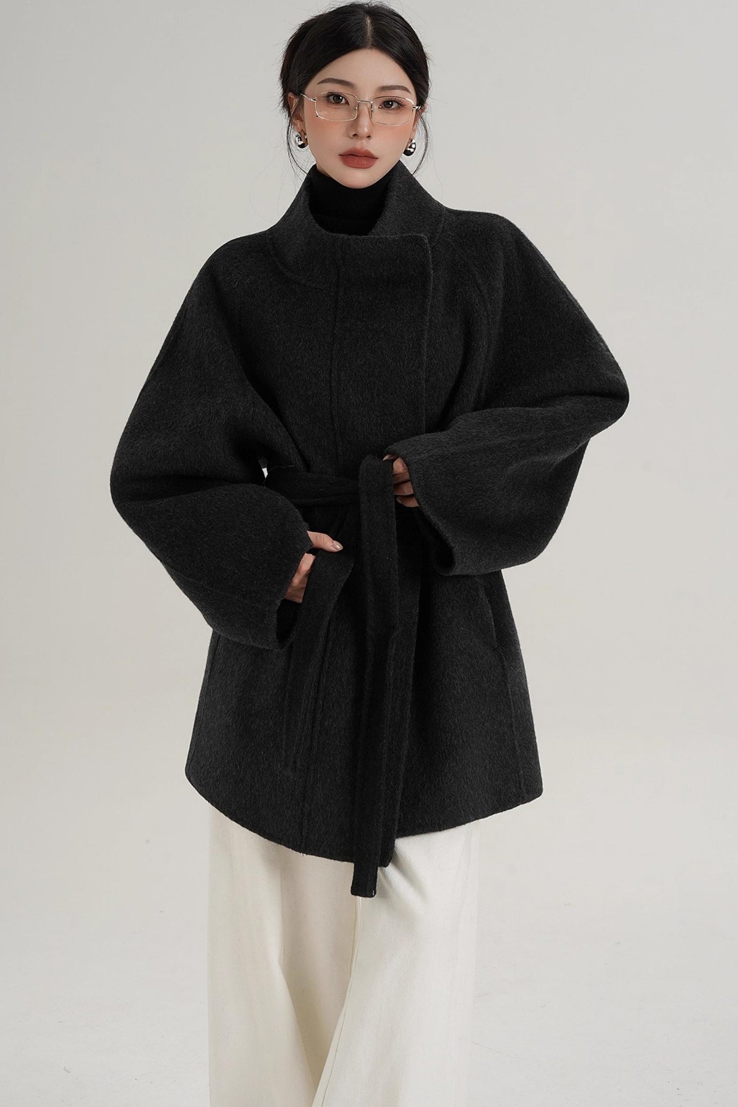 Elegant Woolen Lace-Up Coat