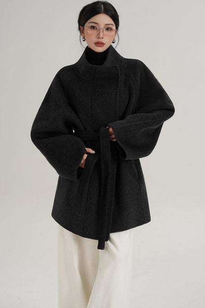 Elegant Woolen Lace-Up Coat