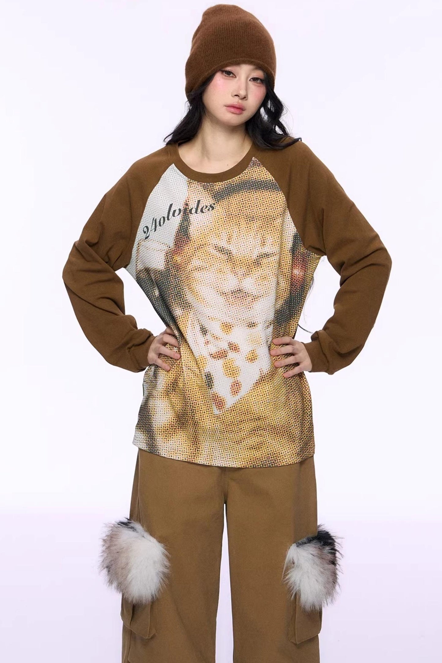 Cat Print Raglan Knit Top