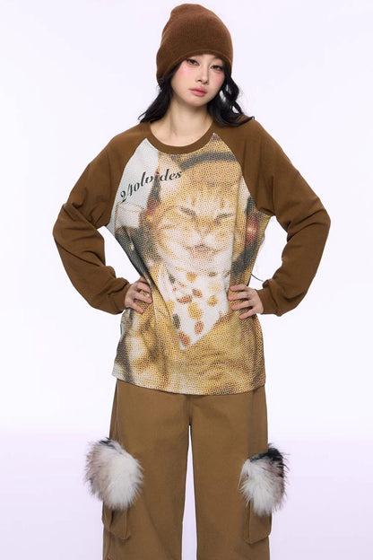 Cat Print Raglan Knit Top