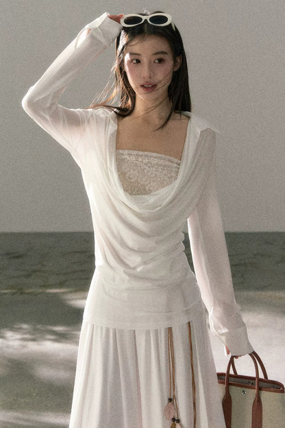 드레이프 칼라 레이스 탑 스커트 세트업