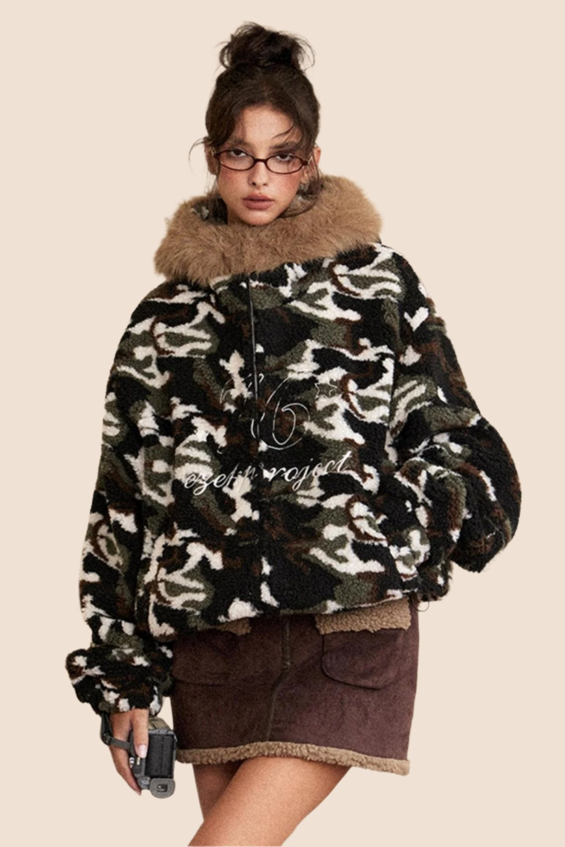 EZEK AMERICAN RETRO FUR COLLAR HOODED CAMOUFLAGE LAMB WOOL COAT WOMEN'S FLEECE THICKENED AUTUMN AND WINTER NEW COTTON CLOTHING TIDE