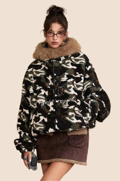 Retro Fur Collar Camouflage Wool Coat