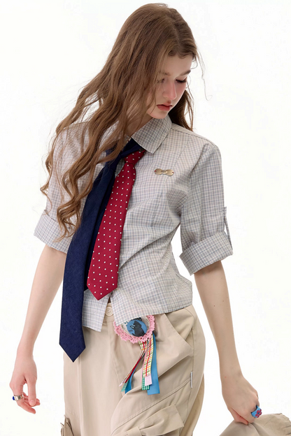 Camicia a maniche corte a quadri grigio chiaro