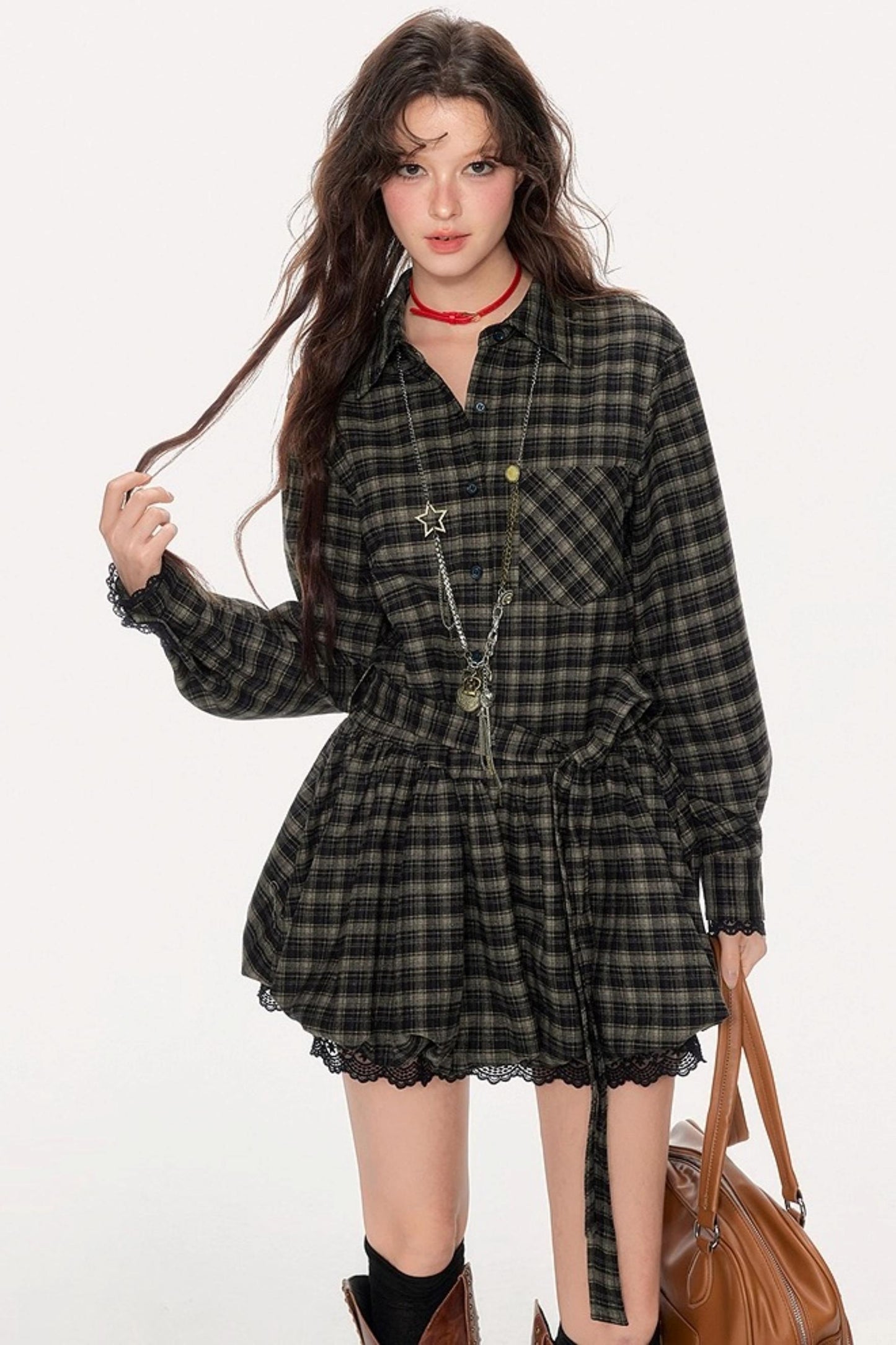 Retro Plaid Long-Sleeved Ballet Dress