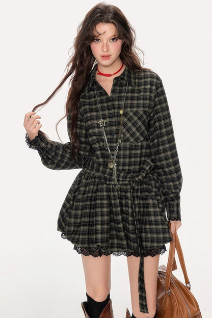 Retro Plaid Long-Sleeved Ballet Dress