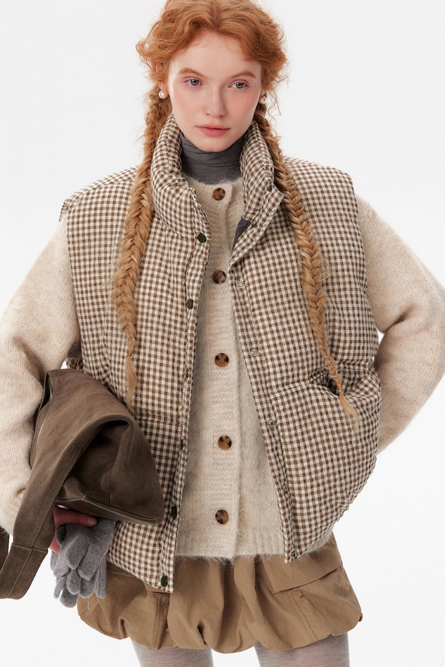 Linen Plaid Down Vest Jacket