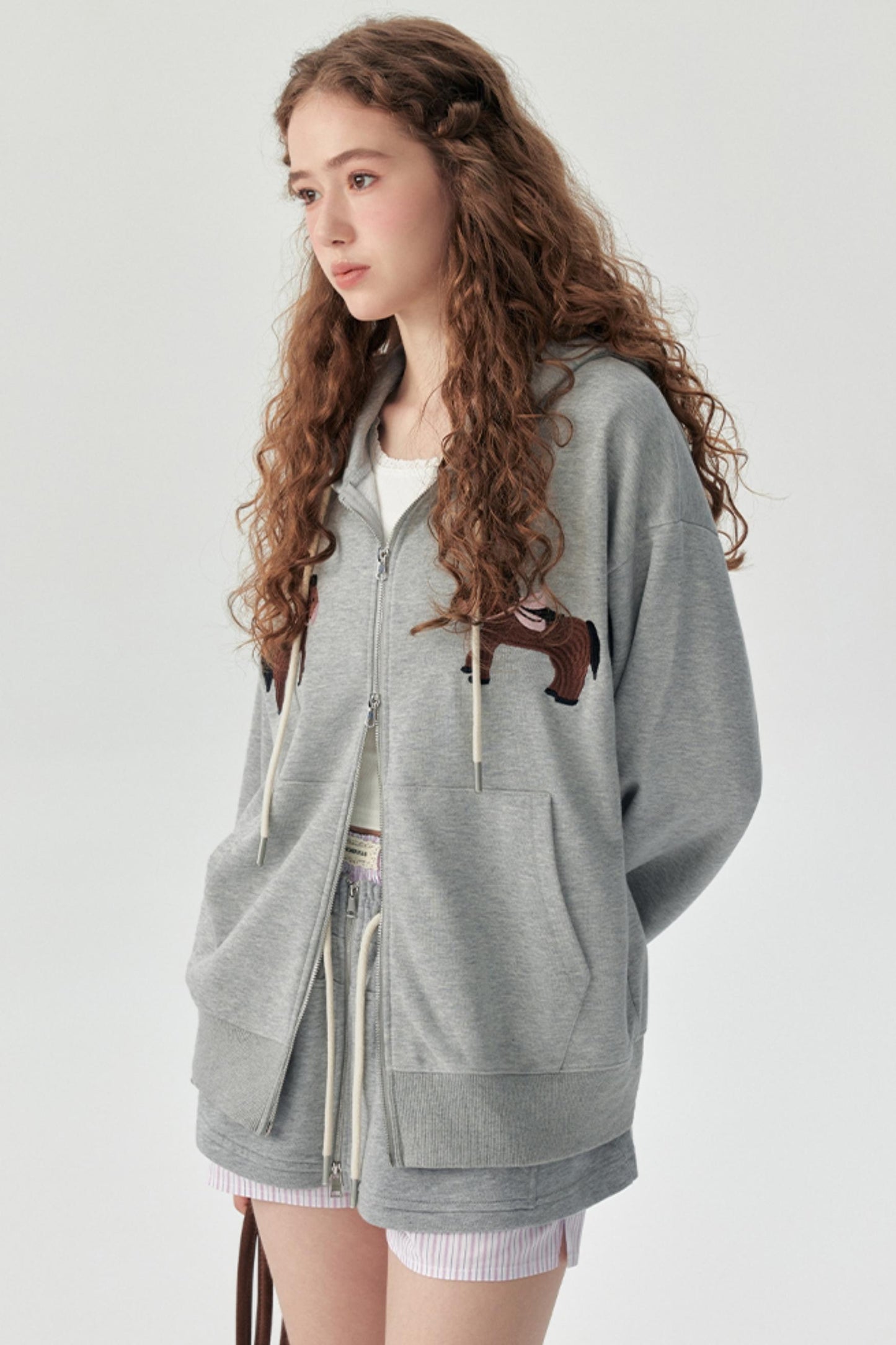 Gray Embroidered Hooded Sweatshirt Coat