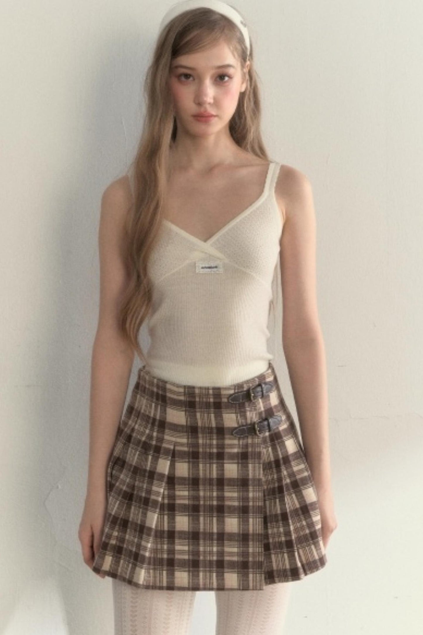 Plaid Leather Buckle Skirt